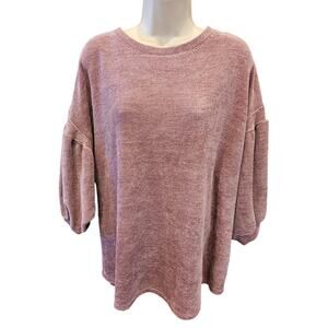 Cherish brushed velour knit pink slub sweater sz L /XL (?) Puff sleeve winter